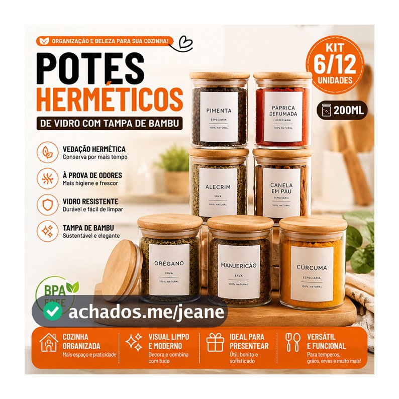 Kit 6/12 Pote de Vidro com Tampa Bambu 200ML Potes Herméticos Porta Mantimen Hermético à Prova de Odores
