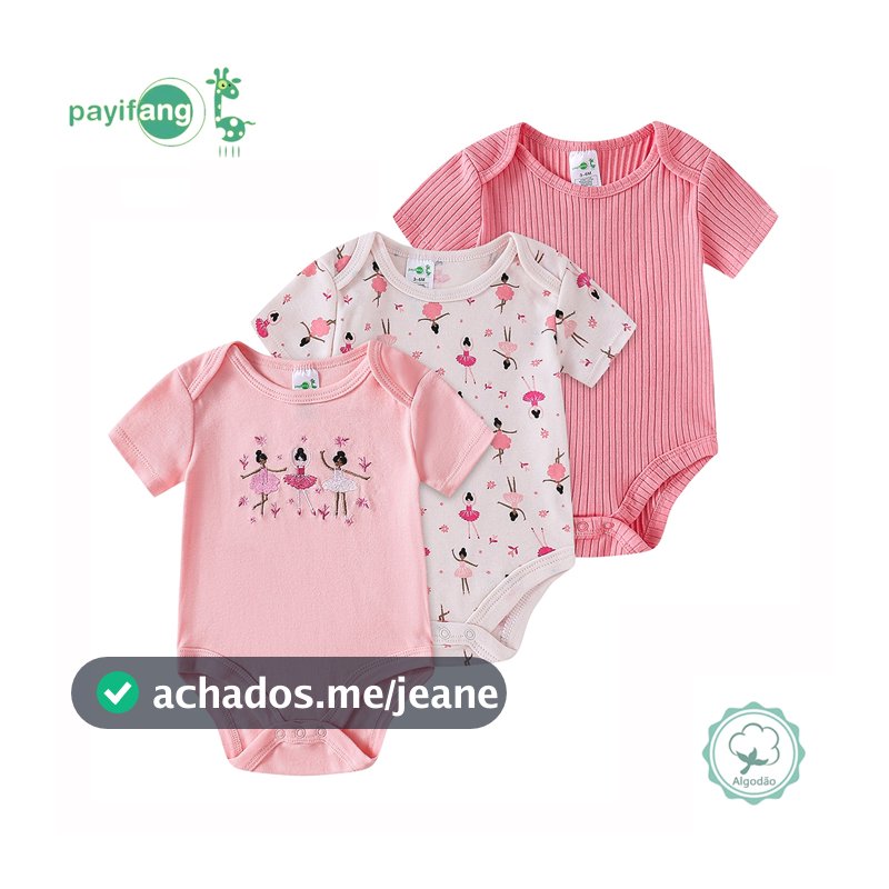 Kit 3 Body Bebê Menina Manga Curta 60% Algodão 40% Poliéster Bailarina Macio TM-3111