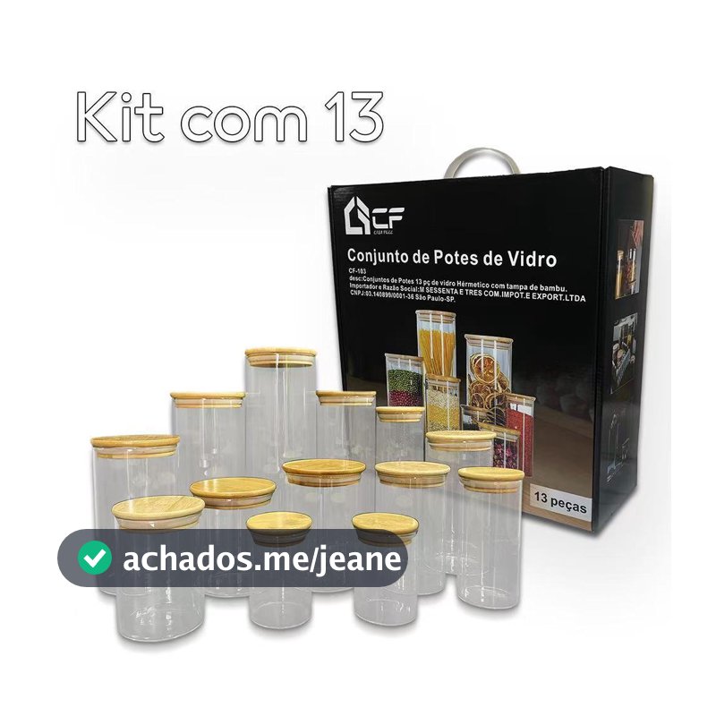 Kit Potes de vidro herméticos com 8 ou 13 potes Tampa Bambu