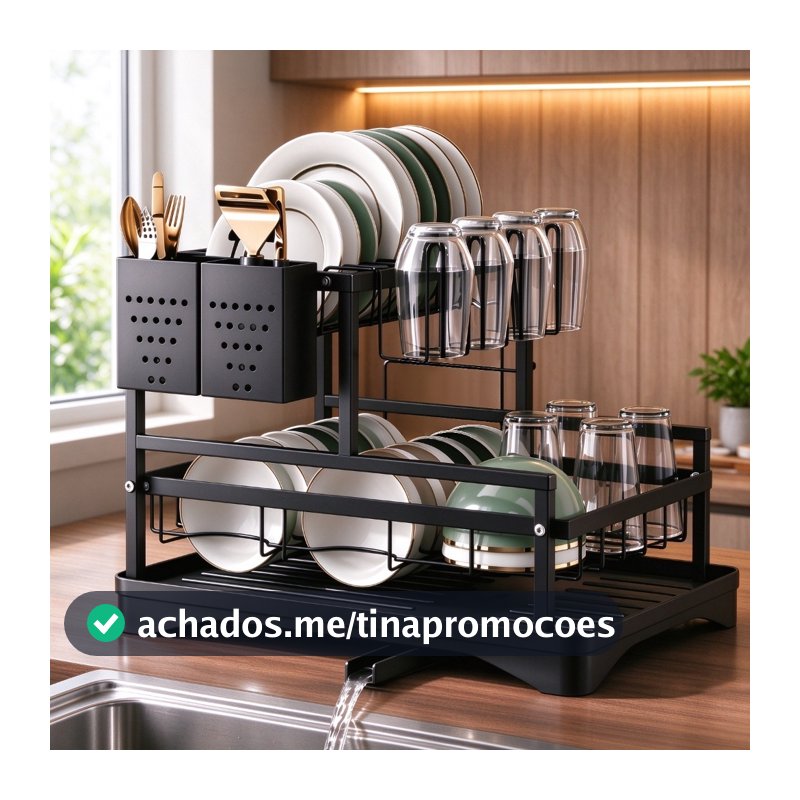 Escorredor de Louças 2 Andares Aço Carbono Preto, Rack Organizador com Bandeja Coletora para Bancada