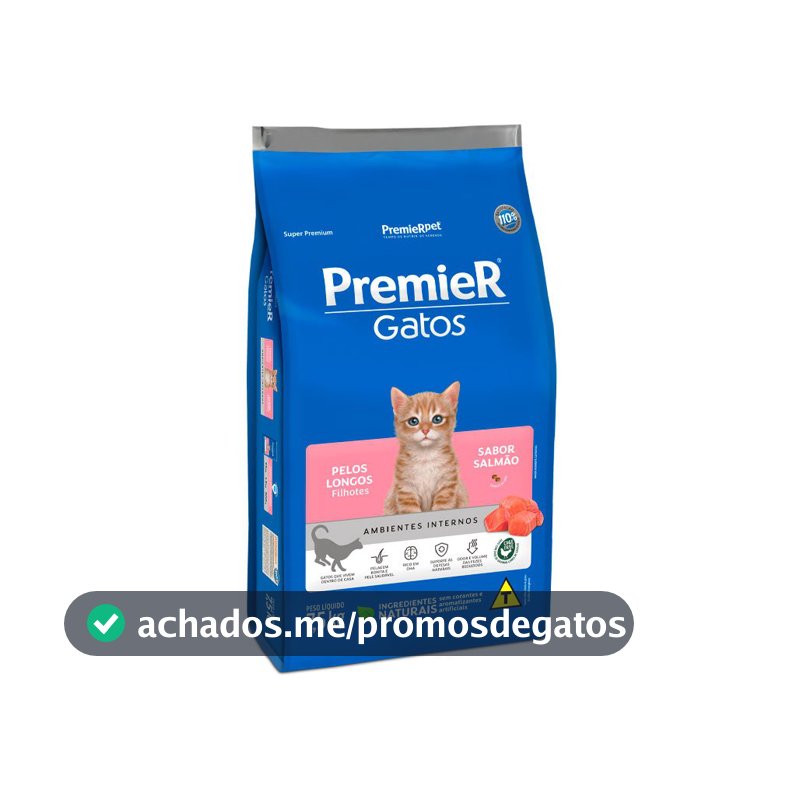 Ração Premier Ambientes Internos Gatos Filhotes Pelos Longos Sabor Salmão 7,5kg