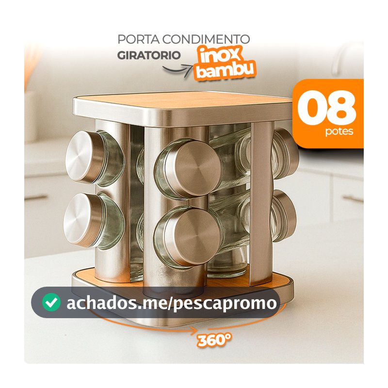 Porta Temperos Giratório Inox e Bambu com 8 Potes – Organizador 360° de Cozinha