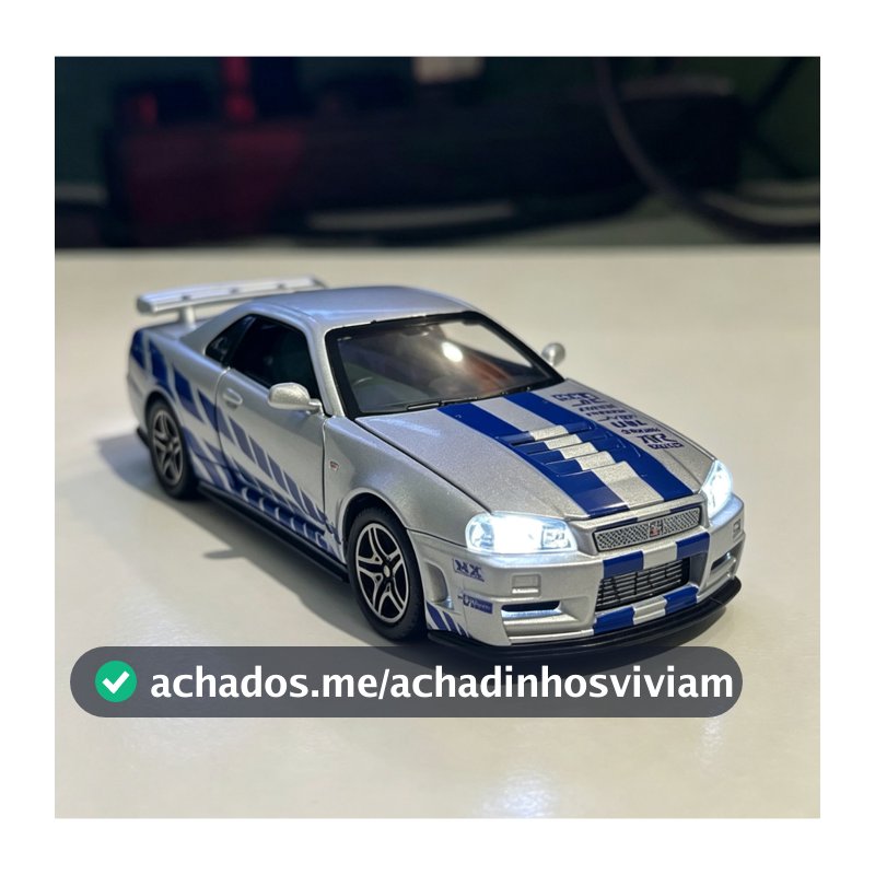 Nissan Skyline GT-R R34 Brian Miniatura 14,5cm Metal com Som Luz Abre Portas Capô Porta-Malas