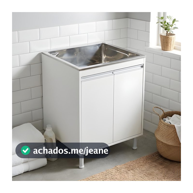 Tanque de Lavanderia Prático 46L em Inox com Gabinete Premium 2 Portas MDF | Grande e Resistente