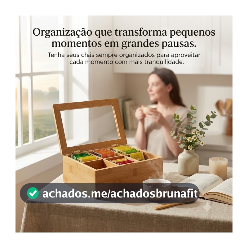 Organizador Porta Chá Sachê Bambu  Ou Mdf Madeira Caixa Decorativa Bijuterias 6 Divisórias Especiarias
