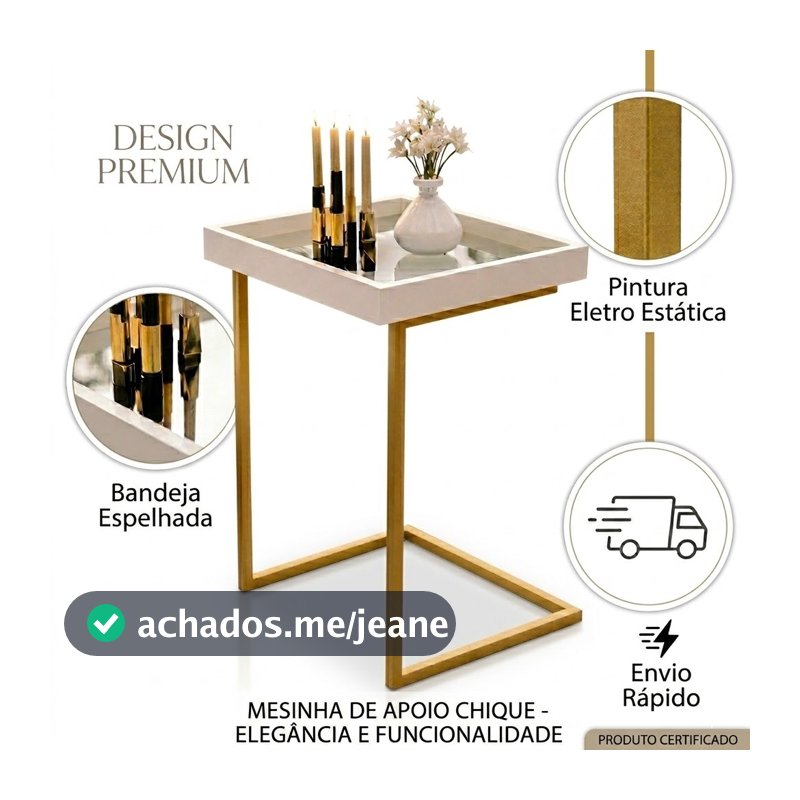 Mesa Lateral Luxo Espelhada para Sofá Sala Decorativa Moderna Resistente e Sofisticada