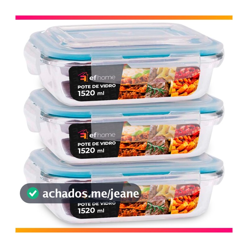 Kit 3 Potes 1520ml De Vidro Com Tampa Hermética e Travas Vai ao Forno/Freezer