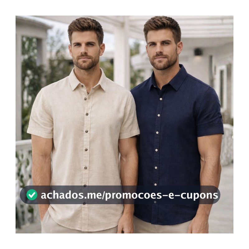Kit 2 Camisa Social Masculina Slim Gola Italiana Manga Curta Linho Premium
