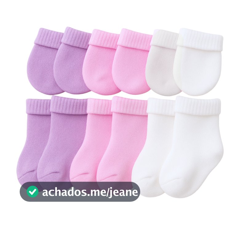 Kit 3 Pares de Meias  + 3 Pares de Luvas Maternidade RN Recém Nascido Bebê Enxoval Saída Maternidade