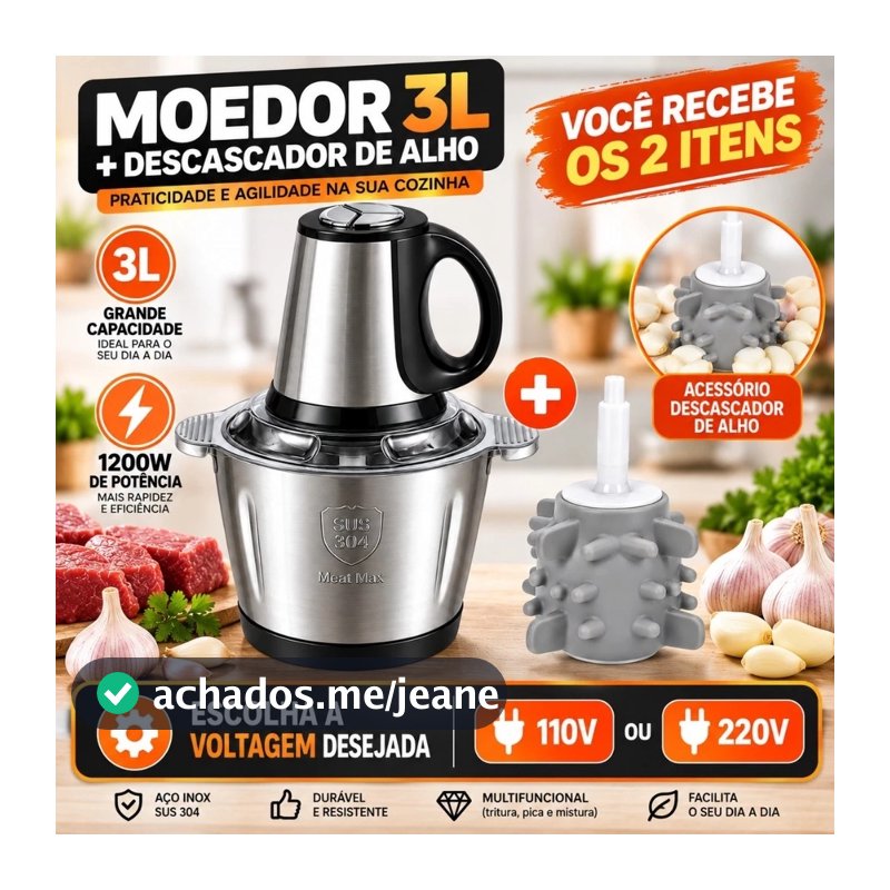 Moedor de Carne Elétrico 1200W 2L 3L Inox Triturador Processador de Alimentos 110V 220V com Alça