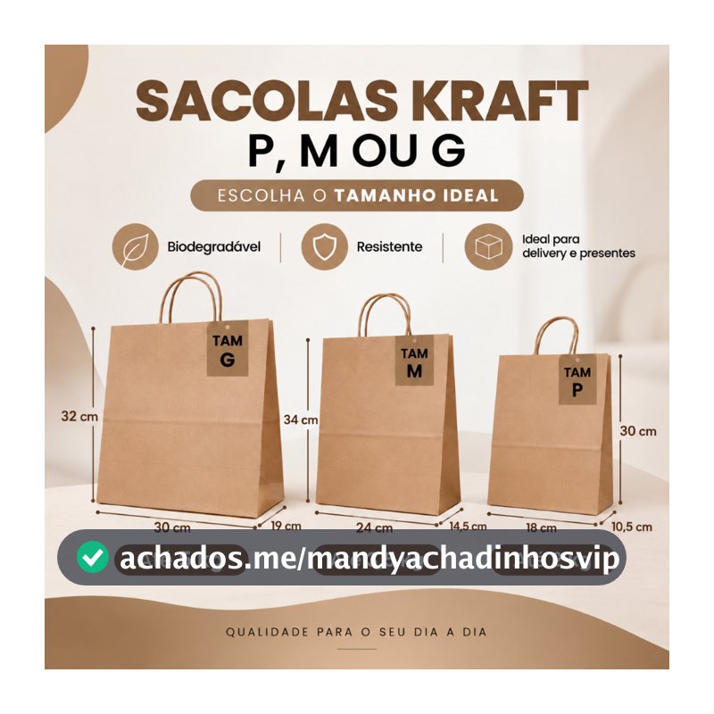 Sacola De Papel 10 UNID Tam P M ou G Kraft Lisa Na Cor Pardo -  Para Presente Delivery Food com Alça