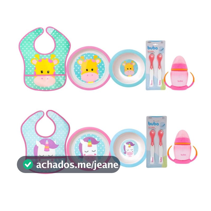 Kit Introdução Alimentar Buba com Prato Raso, Prato Fundo, Babador Impermeável, Colher Copo Treinamento Bico de Silicone