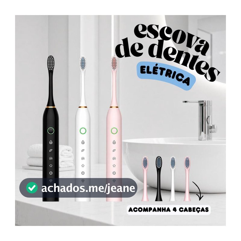 Kit Escova de Dente Elétrica + 4 Cabeças Refil À Prova d’Água 7 Modos Recarregável Usb Limpeza Bucal