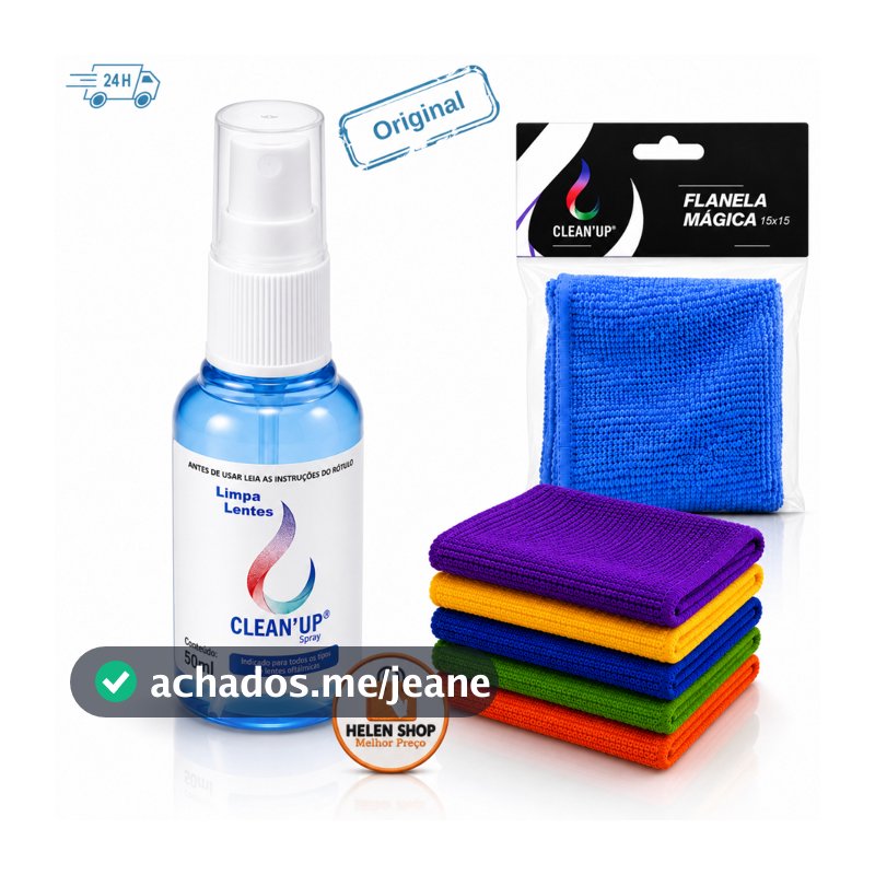 Kit Limpa Lentes e Telas Clean Up 50ml + Flanelas Premium em Microfibra óculos celular tablet Notebook