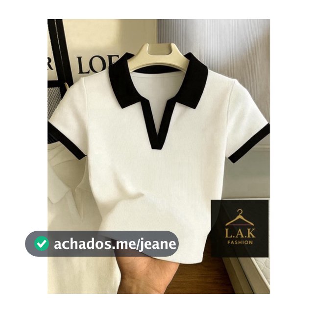 Camiseta Feminina Canelada Gola Polo Detalhe Bicolor Básica Manga Curta Ribana  Algodão Malhado