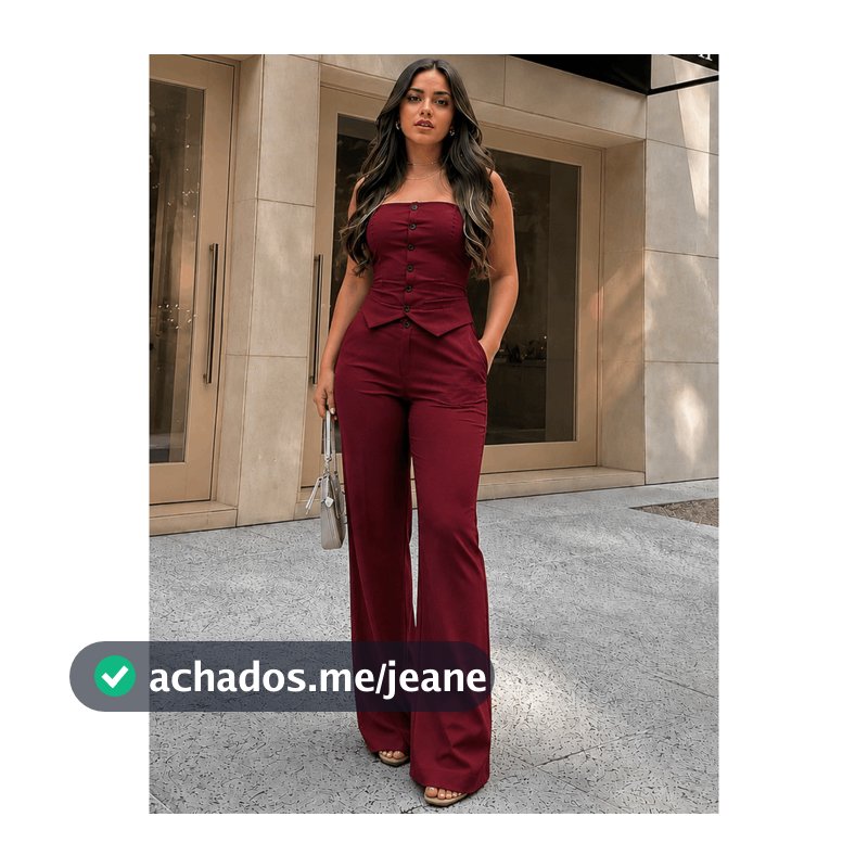 Conjunto Feminino Alfaiataria Cropped Tomara que Caia Social Calça Pantalona Blusa Elástico Lastex Botão Moda Verão