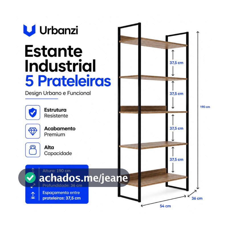Estante Decorativa Industrial Alta 5 Prateleiras Madeira E Metal Preto Premium