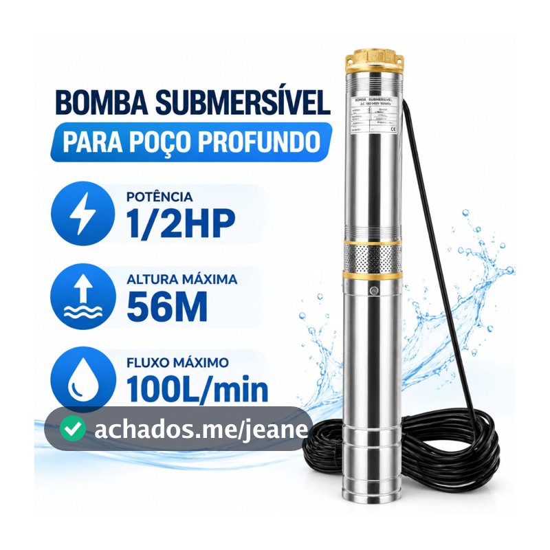 Bomba Submersa Caneta 1/2HP 3plo 372W para Poço Profundo 56M 100L/min Filtro Anti Areia Duplo Aço Inoxidável