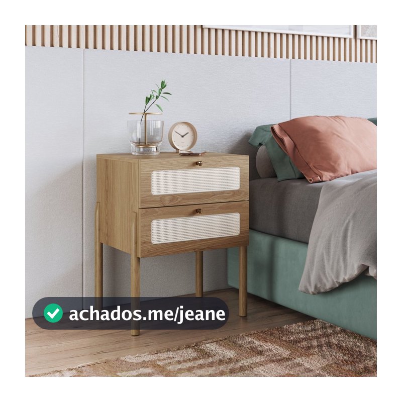 Mesa de Cabeceira 2 Gavetas Palhinha Pé Madeira Oslo Marrom Hanover Telado