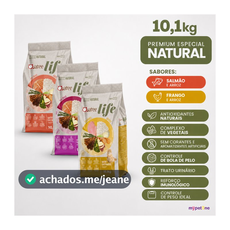 Ração Quatree Life Gatos Filhotes, Adultos e Castrados 3kg e 10,1kg - Frango / Salmão