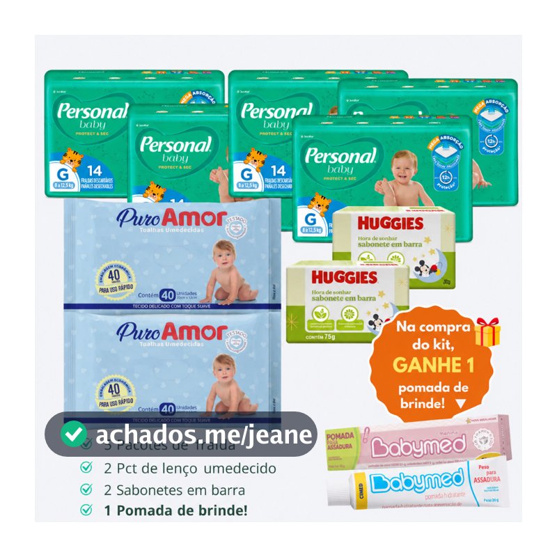 Kit 5 Pacotes Fralda  Descartável Personal Baby + 2 Lenço Umedecido + 2 Sabonetes + 1 Pomada de Assadura