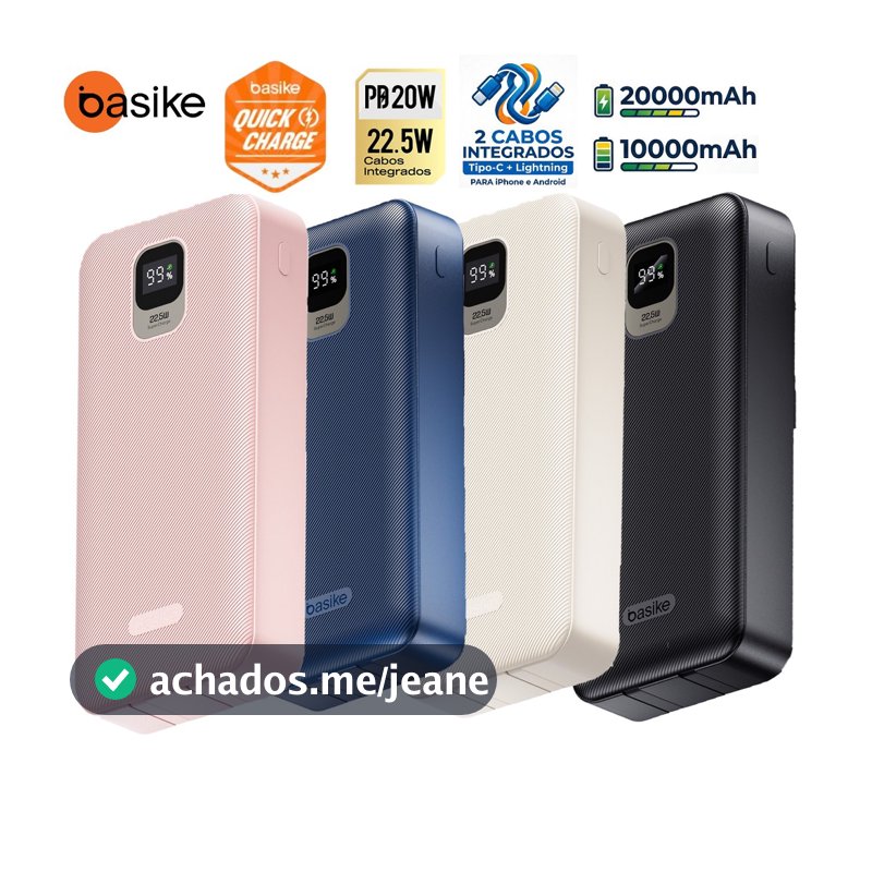 BASIKE Carregador Power Bank 20000mah/10000mah Portátil Rápido 22,5W com IOS e cabo Tipo C