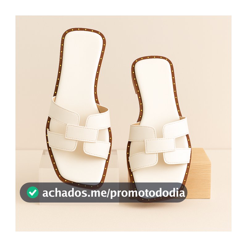 Sandália Feminina Rasteira H Couro Com Tachas Leve Confortável Bico Quadrado