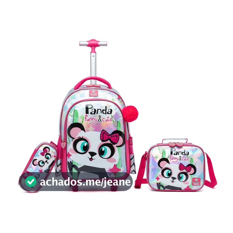 Guelph Kit Mochila Escolar Infantil com Rodinhas Panda Menina Lancheira Térmica Estojo Volta às Aulas