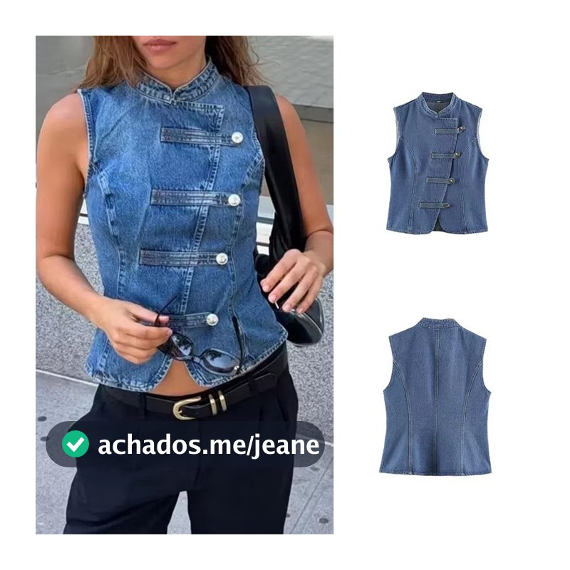Colete Jeans Elegante Sem Mangas Estilo Vintage Com Detalhes De Botões E Gola Alta 202607A