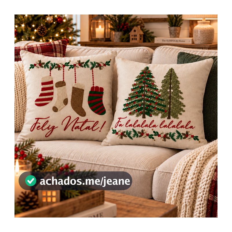 Kit 2 Capa de Almofada Natal decorativas Luxo Estampas Natalinas decoração de Sofá sala Papai Noel Renas Linho 43x43cm