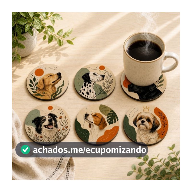 Kit 6 Porta Copos MDF 9cm Decorativo Premium – Praia, Cachorro, Gato e Fazenda – Protege e Decora