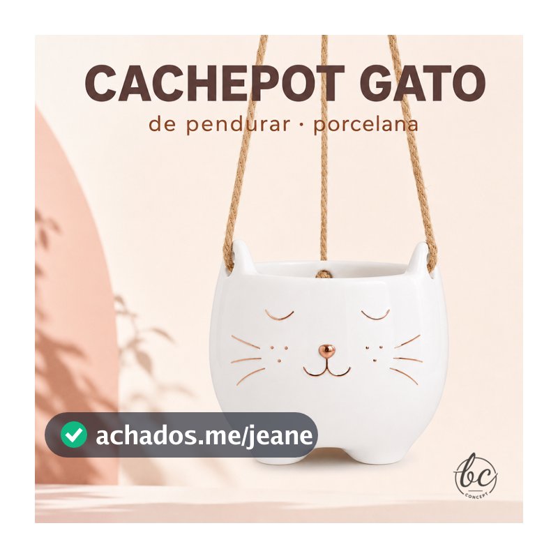 Cachepot Gato de Pendurar em Porcelana com Corda