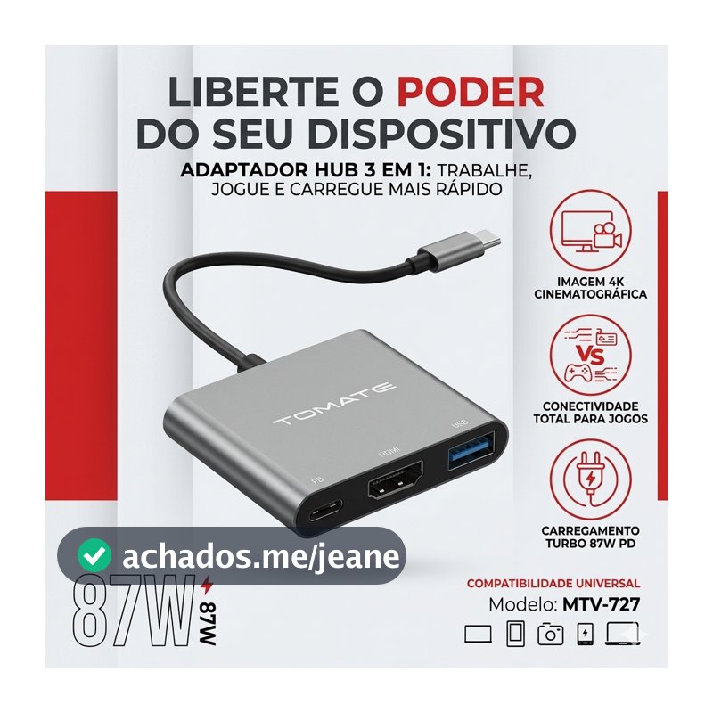 Adaptador Tipo-C Para HDMI 4K USB 3.0 PD 87W Hub Multifuncional 3 Em 1