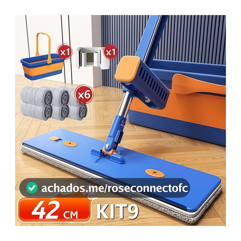 KIT 9 Esfregão Lazy Mop Seco Molhado Absorvente Dobrável com Balde Raspador Não Precisa Enxaguar
