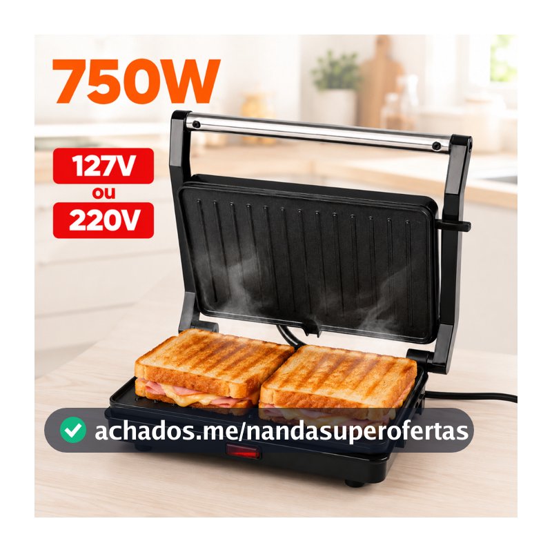Grill Elétrico Sanduicheira Prensa Dupla 2 em 1 Antiaderente 750W 110V ou 220V Led Indicador