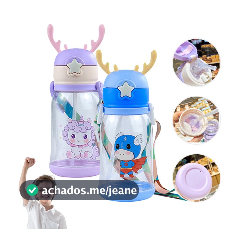 Garrafa copo De Alce Água Infantil Criança Portátil Com Canudo Desenho Fantasia Para Meninas Meninos