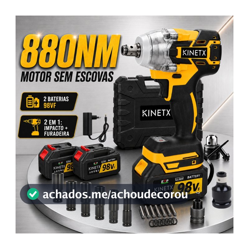880NM 98Vf Brushless Chave de Impacto a Bateria2 Furadeira Parafusadeira Sem Fio + 2 Baterias KINETX