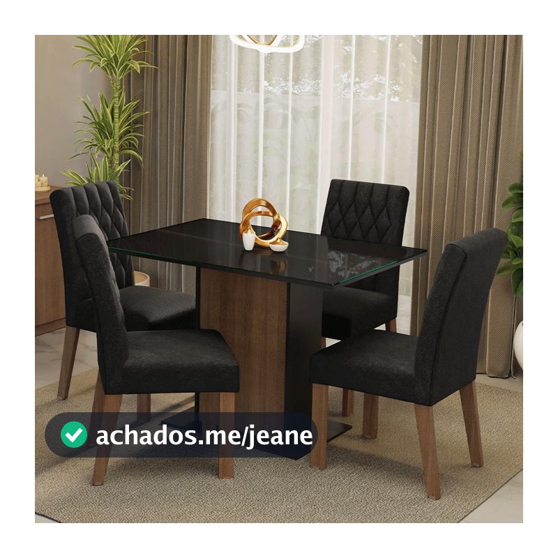 Conjunto Sala de Jantar Mesa Tampo de Vidro 4 Cadeiras Rustic/Preto/Oxford Reale Madesa