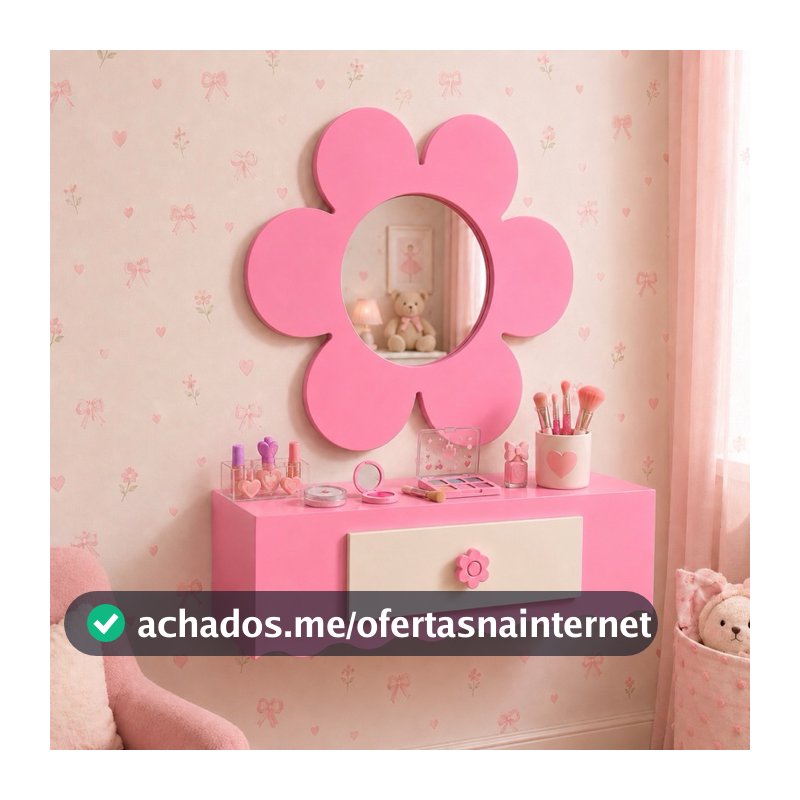 Penteadeira suspensa escrivaninha infantil com espelho formato de flor em MDF