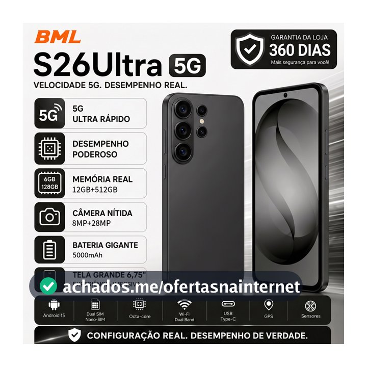 BML S26 Ultra 5G Smartphone 512GB 12GB RAM Câmera Traseira 28MP + Frontal 8MP Tela 6.75" Dual SIM