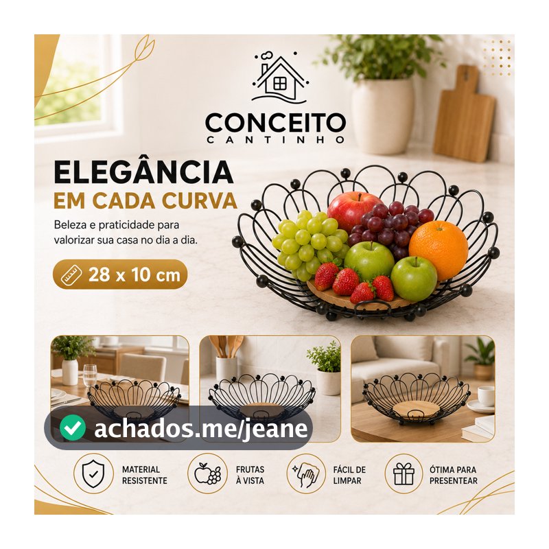Fruteira de Mesa Rustica de Ferro e Bambu para Café da Manhã Multiuso Metal Preto Cesto Organizador