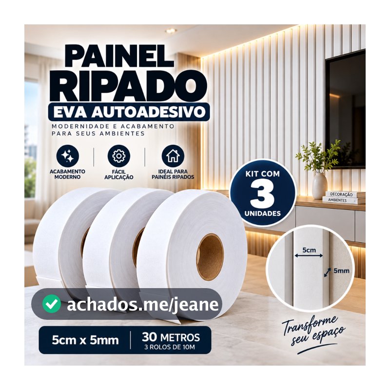 KIT 3 Fitas EVA para Ripado Branco Autocolante 5cmx5mmx30m Painel Decorativo Parede Porta e Vedaçao