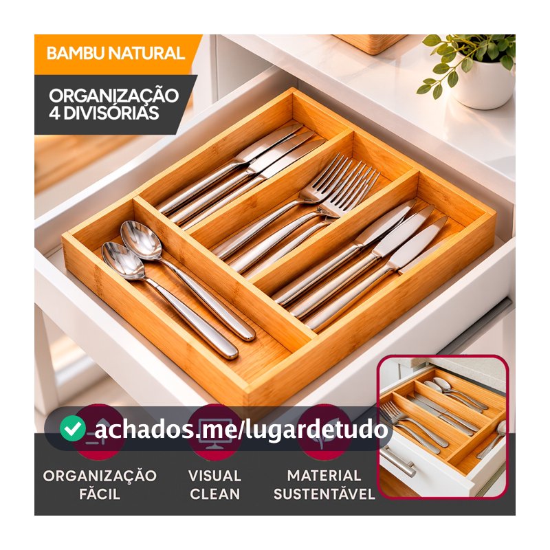 Porta Talheres de Bambu 4 Divisórias Organizador de Gaveta Cozinha Premium