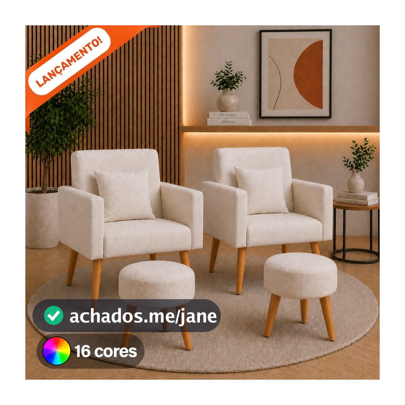 Kit 2 Poltronas Sala Nina Almofadas e 2 Puff Redondo Suede