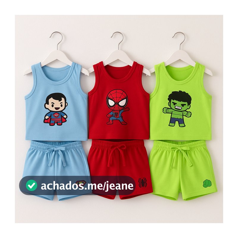 KIT 3 CONJUNTO INFANTIL 6 PEÇAS CAMISETA REGATA E SHORT PERSONAGENS E CORES SORTIDOS ALGODÃO VERÃO