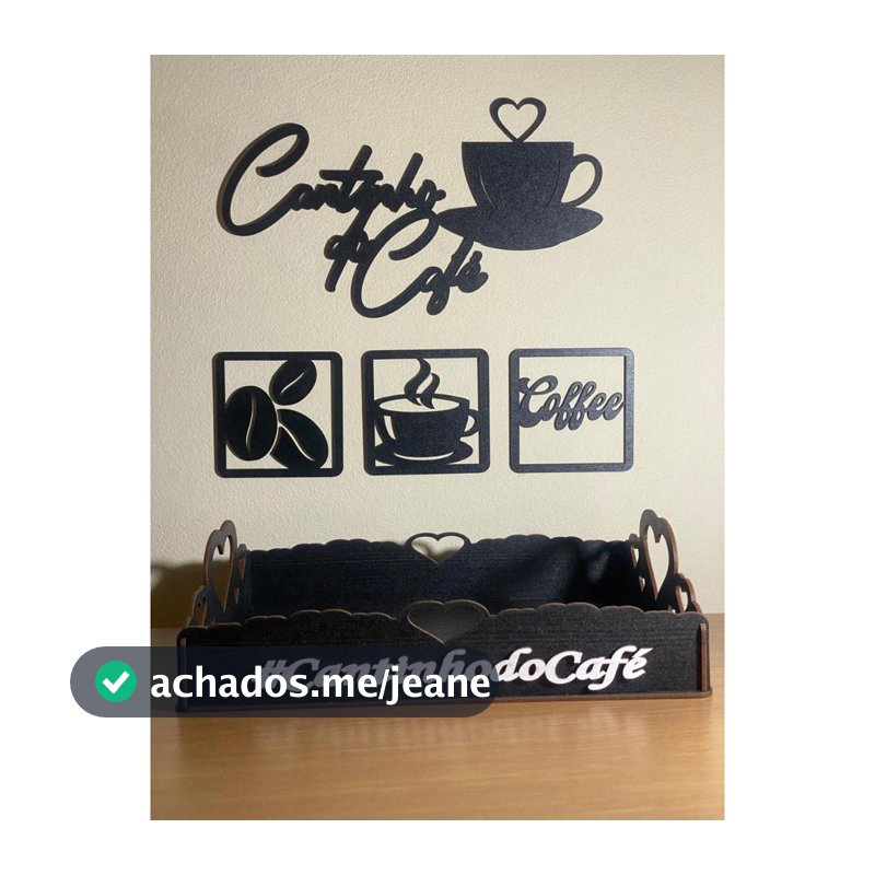 Decoração Cantinho do Café Kit MDF Preto com Bandeja e 4 Enfeites para Parede Cozinha Área Gourmet