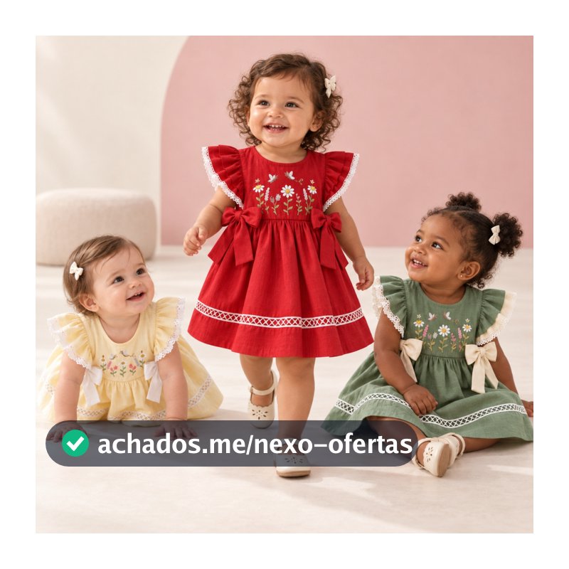 Vestido Feminino Infantil Com Amarração Lateral Vestido Kids com Babadinhos em Mangas Bordado Floral
