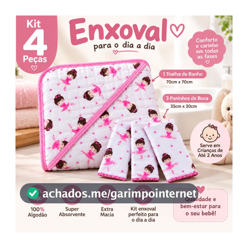 Kit Enxoval 4 Peças 1 Toalha de Banho Bebe Soft de Fralda  + 3 Paninho Fralda de Boca 100% algodão
