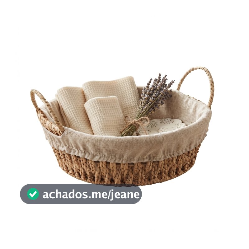 Cesta Redonda Wolff com Alça e Forro Tecido Bege 27cm Organizadora Multiuso para Decoração Banheiro Quarto Sala e Closet