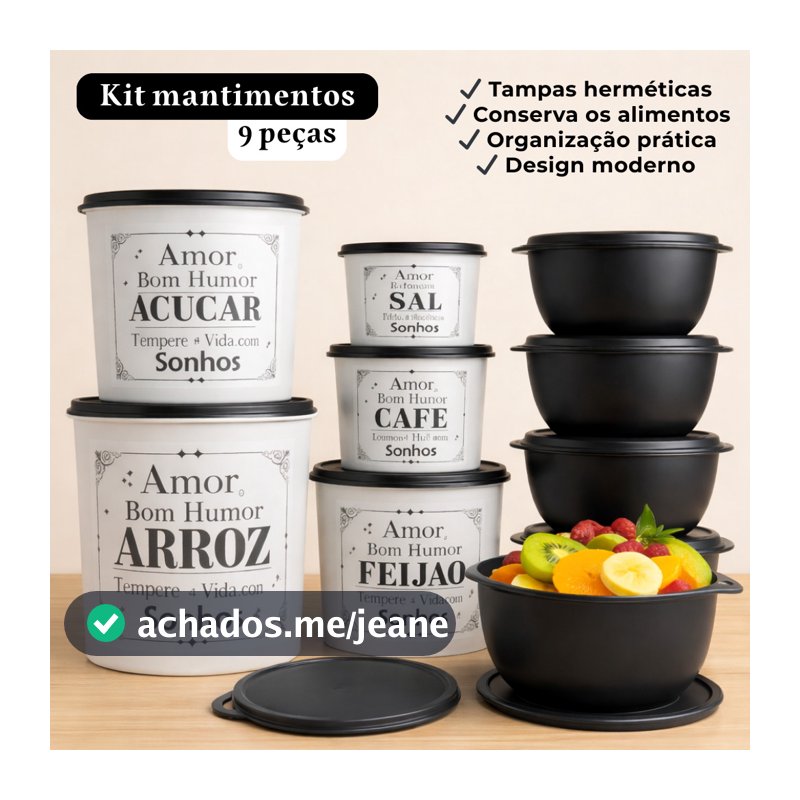 Kit potes para mantimentos cozinha com 9 peças plástico decorado